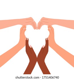 Multiracial hands together formed a heart symbol as a protest sign for black lives matter. Race equality and diversity illustration. Flat vector isolated on white background