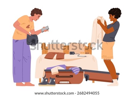 Multiracial happy couple packing a suitcase in the bedroom or unpacking in a hotel room flat vector illustration isolated on white.