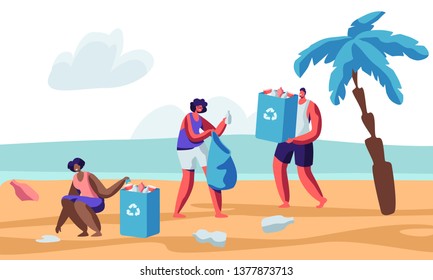 Multiracial Human Characters Picking Up Litter on Beach During Coastal Cleanup. Volunteers Collecting Trash in Bags with Recycle Sign. Environmental Pollution Problem. Cartoon Flat Vector Illustration