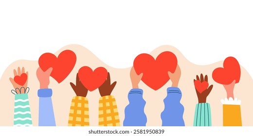 Multiracial human hands holding heart. Concept of donation and charity, volunteering and hope. Horizontal banner with copy space. Vector illustration.