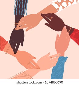 Multiracial human hands make circle with blank space in the middle. Cultural equity, diversity togetherness concept. Round symbol of unity, team, group, partnership, leading, support, community. 