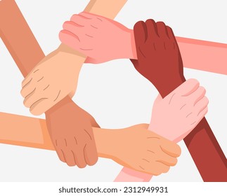 Multiracial human hands make circle. Cultural equity, diversity togetherness concept. Round symbol of unity, team, group, partnership, leading, support, community. Vector illustration