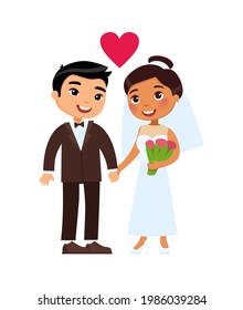 Multiracial husband and wife. International marriage concept. International marriage concept. Dark skin bride and Asian groom are cartoon characters