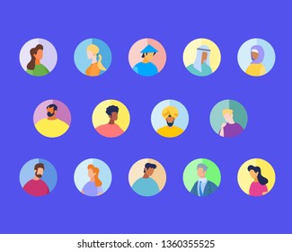 Multiracial and International People Characters in Round Icons Isolated on Blue Background. Men and Women of Different Ages, Images, Religious and Culture Avatars. Cartoon Flat Vector Illustration.