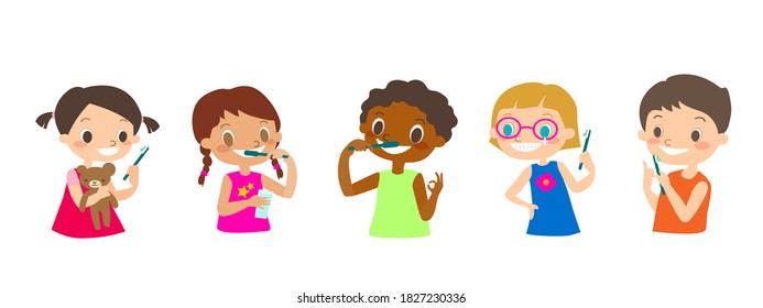 Multiracial kids brushing their Teeth. Dental and orthodontic daily life illustration with diverse children. vector cartoon character.