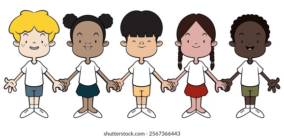 Multiracial Kids cartoon characters holding hands each other. Best for sticker, logo, and mascot with world peace themes