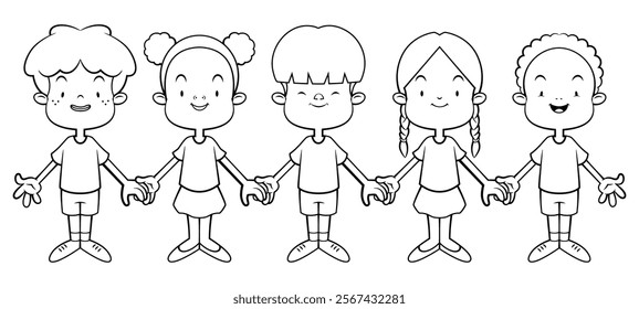 Multiracial Kids cartoon characters holding hands each other. Best for outline, coloring book, and logo with world peace themes