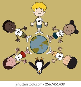 Multiracial Kids cartoon characters from six different continents wearing letter t-shirt with "WORLD" word and standing around the globe circlely. Best for logo with anti-racism themes