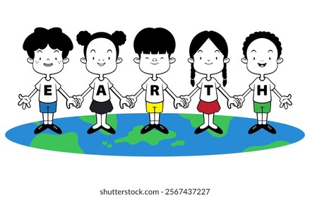 Multiracial Kids cartoon characters wearing letter t-shirt with "EARTH" word and holding hands each other. Best for sticker, logo, and mascot with tomorrow better life themes