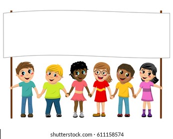 Multiracial kids or children hand in hand holding blank banner isolated