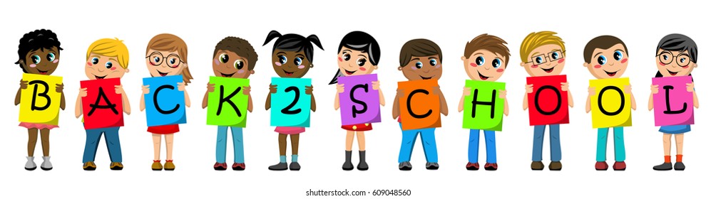 Multiracial kids or children holding cardboard to spell out back to school text isolated