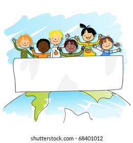 multiracial kids top the world and banner for your message  vector illustration