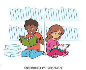 Multiracial kids reading book on floor in library. Two children enjoying literature. Afro-american boy and caucasian girl sitting with textbooks or fairy tales. Vector flat cartoon illustration