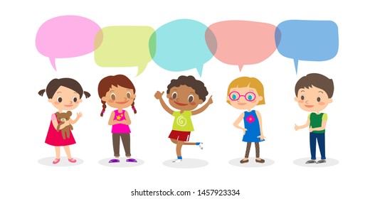 Multiracial kids with speech bubbles, Set of diverse Kids and Different nationalities with speech bubbles isolated on white background, Kids sharing idea concept. Vector cartoon illustration