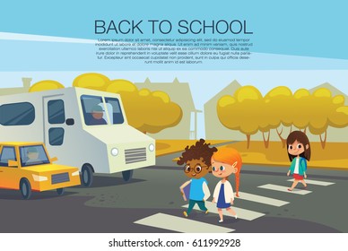 Multiracial kids walking across pedestrian crossing in front of stopped cars against autumn trees on background. Road safety rules for school children concept. Vector illustration for poster, flyer.