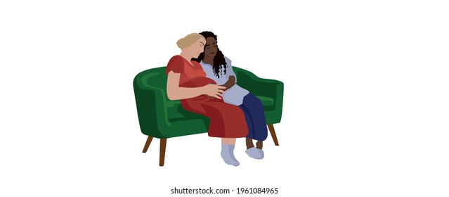 Multiracial lesbian couple expecting baby. LGBTQ+ family sitting on sofa. Pregnancy. Pregnant couple at home relaxing on sofa together. LGBT couple pregnant
