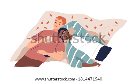Multiracial lgbt couple lying on plaid vector flat illustration. Happy enamored gay family relaxing and dreaming, spending time together isolated. Modern homosexual pair enjoying recreation top view.