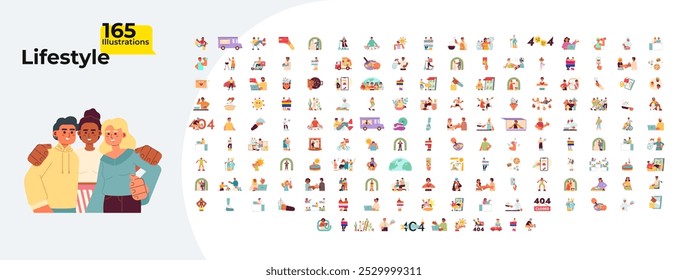 Multiracial lifestyles cartoon flat illustrations mega bundle. Wedding ceremony. LGBT pride. Online shopping. Mental health. Heatstroke 2D images isolated on white. Collection vector drawings colorful