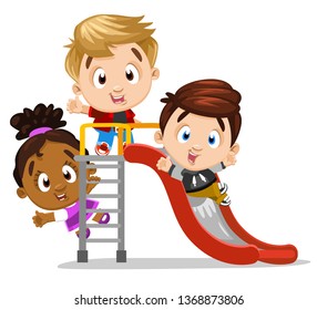 Multiracial Little Boys And Girl Playing Together On Slippery Dip. Concept Of Kid`s Pastime, Leisure In Playground, Kindergarden, Friendship. Cartoon Vector Illustration Isolated On White Background.