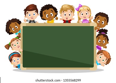 Multiracial little boys and girls in colored dresses and shirts waving hands, showing hand gesture, emerging at the right, at the left, on top of chalkboard. Place for text, copy space. Cartoon vector