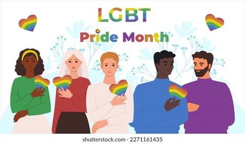 Multiracial love couple LGBT hearts in hands, LGBT pride month, vector illustration.