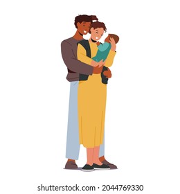 Multiracial Loving Parents With Baby. Mother And Father Caucasian And African Ethnicity Family Characters Holding Child On Hands Hugging And Kissing Expressing Love. Cartoon People Vector Illustration