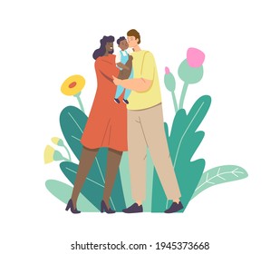 Multiracial Loving Parents Kiss Baby. Mother and Father Caucasian and African Ethnicity Family Characters Holding Child on Hands Hugging and Kissing Expressing Love. Cartoon People Vector Illustration