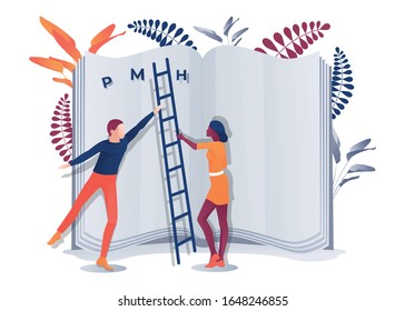 Multiracial Man and Woman Stand by Giant Book with Letters. Cartoon Afro-American Female and Caucasian Male Characters Hold Ladder. Writers Coworking. Bookfest and Literature. Vector Flat Illustration
