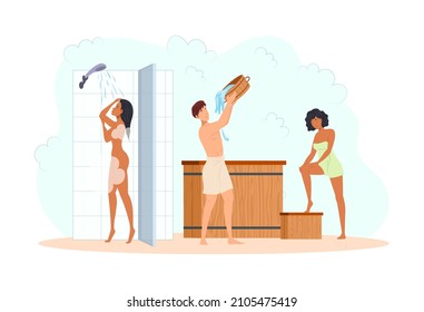 Multiracial Man And Woman Washing In Shower And Pour Cold Water From Barrel At Public Sauna. Diverse People Relaxing At Bathhouse Hardening After Heat Hot Steam. Wellness Spa Treatment Vector Flat