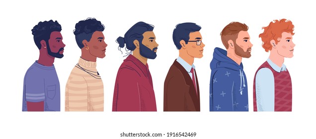 Multiracial men profile portrait of male characters of different nationalities and countries. Diverse community, social equality and ethnicity. Caucasian, afro american and arab cartoon vector