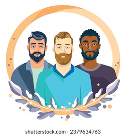 Multiracial men together vector illustration.People of different skin colors and different nationalities.World Men's Day or Father's Day concept.