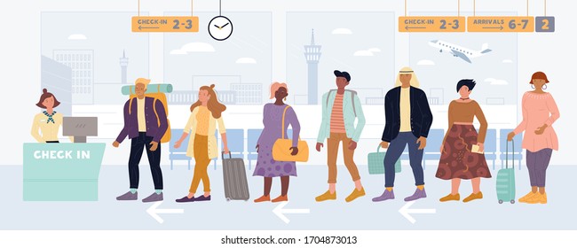 Multiracial men, women standing in queue to check in, drop off luggage at international airport. People, passengers lining up before registration desk. Travel, business trip vector flat illustration.