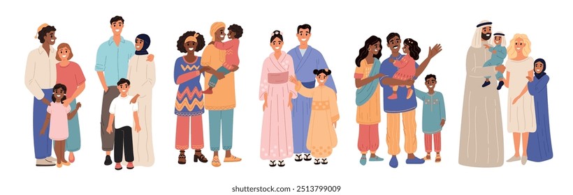Multirraciais famílias mistas. Pais e filhos de diferentes nacionalidades. europeus. Mestiços e mulatos. Grupo de índios. Casais de pé junto com crianças