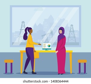 Multiracial and Multicultural Businesswomen Introducing and Meeting in Office with Oil Pumps View in Huge Window. Business Discussion, Negotiation of Female Characters Cartoon Flat vector Illustration