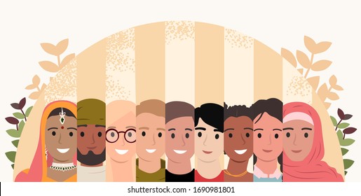 Multiracial and multicultural group of people. Unity in diversity. Social diversity. Multinationality, equality, multinational society,  friendship concept, teamwork. Flat cartoon vector illustration.