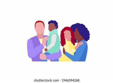 Multiracial and multicultural happy family. Young beautiful woman and man are holding children in their arms. Happy multiethnic mother and husband with children