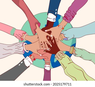 Multiracial multiethnic hands raised up black, white, Asian, Hispanic people from around the world overlapping and working together over the world