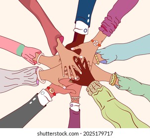 Multiracial multiethnic hands raised up black, white, Asian, Hispanic people from around the world overlapping and working together