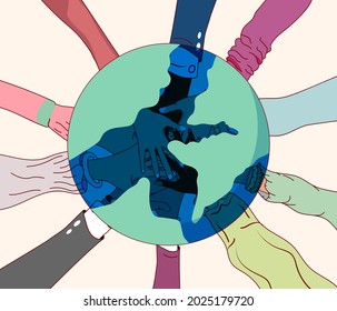 Multiracial multiethnic hands raised up black, white, Asian, Hispanic people from around the world overlapping and working together over the world