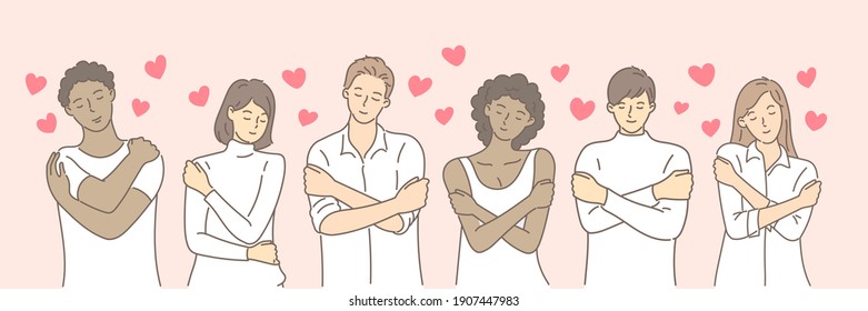 Multiracial or multinational couple hugging herself with hearts on pink background. Self love and self care. Love yourself. Love your body concept. Hand draw style. Vector illustration.