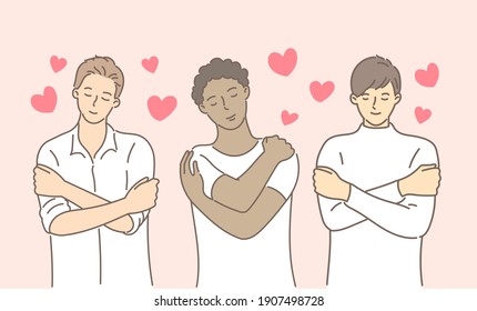 Multiracial or multinational man hugging herself with hearts on pink background. Self love and self care. Love yourself. Love your body concept. Hand draw style. Vector illustration.