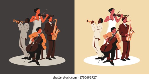 Banda musical multirracial tocando en un escenario. Ilustración vectorial de cuatro músicos con trompeta, violín, saxofón y violoncelo tocando en un escenario. Grupo de mujeres y tres hombres