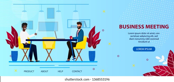 Multiracial People Characters Business Meeting Sitting at Office Desk Having Friendly Conversation with Drinks. Leaders of Companies Collaboration Cartoon Flat Vector Illustration. Horizontal Banner