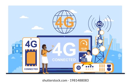 Multiracial people with gadget use high speed internet Network solution for business and private video stream or signal transfer. Flat abstract metaphor cartoon vector concept design isolated on white