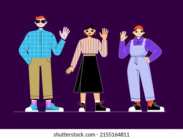 Multiracial People Group, International Students. Vector Flat Illustration Of Diverse Characters, Caucasian Girl, Asian Woman And Redhead Man Waving Hands In Hello Gesture