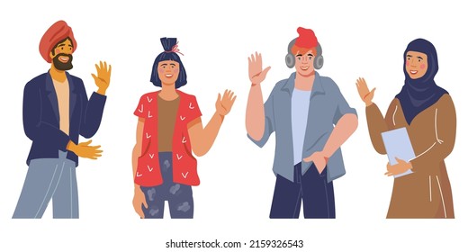 Gente multirracial agrupa parados y sonrientes, ilustración vectorial plana aislada en el fondo blanco. Gesto de bienvenida de la gente. Diferentes países y representantes de razas saludando con la mano.