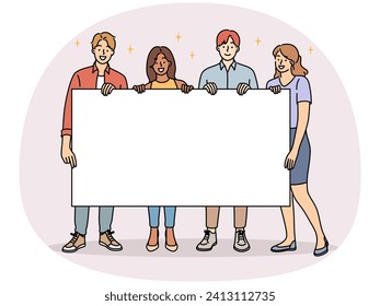 Multiracial people hold white empty mockup banner. Smiling multiethnic friends or employees with blank copy space placard for advertising placement. Vector illustration.