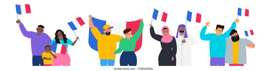 multiracial people holding french flags happy bastille day france independence  vector illustration on white background