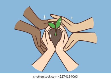 Multiracial people holding soil with seedling care about environment. Diverse interracial hands with ground in hands. Planet conservation. Vector illustration. 