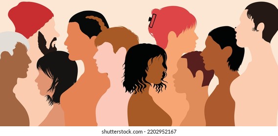 Multiracial people in a multicultural society. Abstract cartoon head face of a diverse group of people in profile. Friendship between diverse people of different ethnicities.